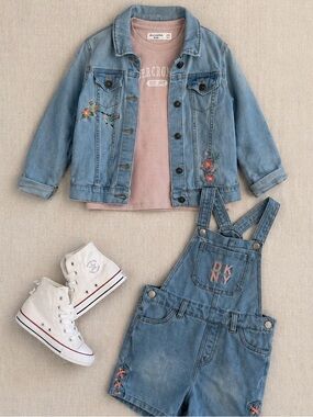Set of 3 pieces- Light Blue Denim Short Overalls with Pink Embroidery